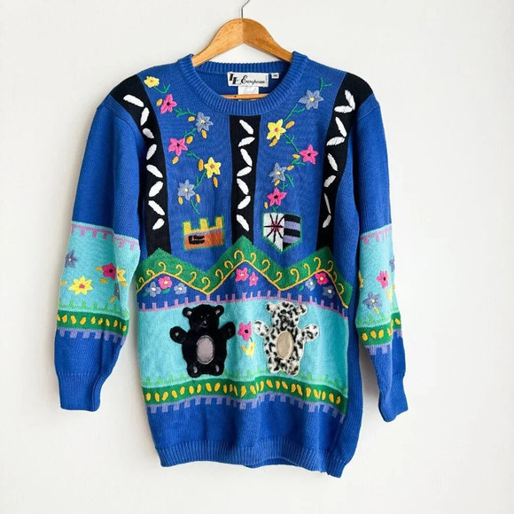 L L European Colourful Novelty Bear Print 3D Fun Unique Pullover L - Picture 3 of 8